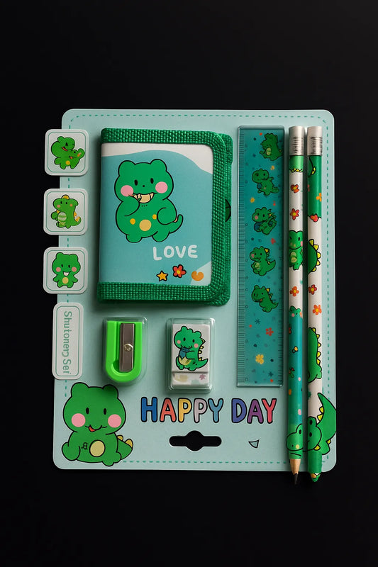 Cute Green Dinosaur Stationery Set – 6-in-1 “Happy Day” School Kit for Kids