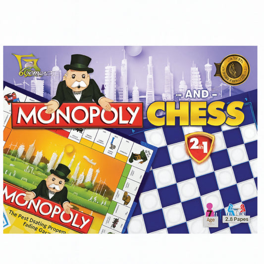 Board game packaging featuring Monopoly and Chess with a colorful design.