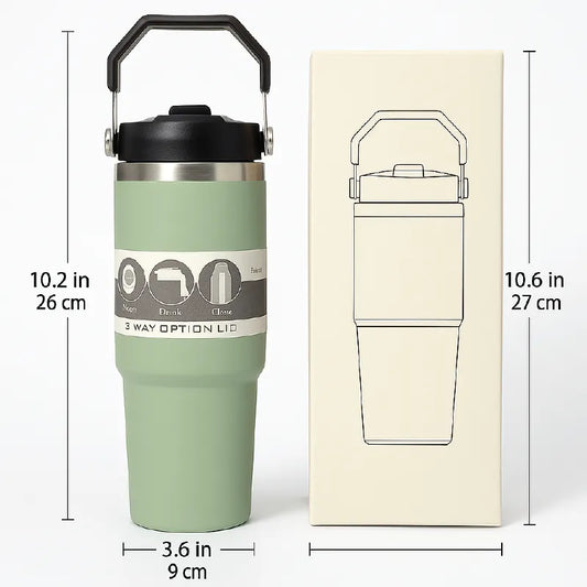 3-Way Option Stainless Steel Thermal Travel Mug with Handle – 26cm Leak-Proof Coffee Flask (Green)