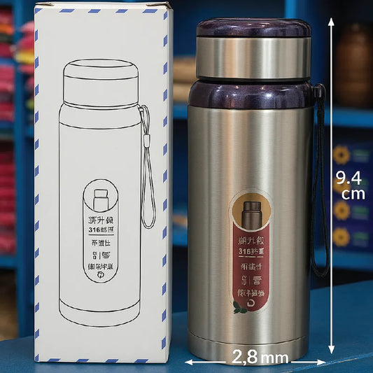 316 Stainless Steel Vacuum Insulated Flask with Carry Strap – Leak-Proof Hot & Cold Water Bottle (9.4cm x 2.8cm)