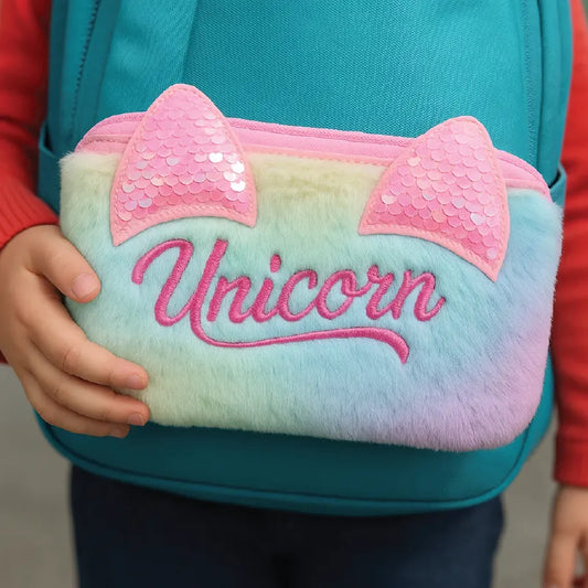 Unicorn Furry Pencil Pouch – Cute Plush Stationery Case with Glitter Ears for Kids