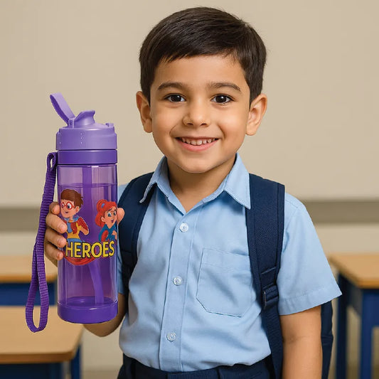 Superheroes Kids Water Bottle – BPA-Free, Leak-Proof with Strap (Purple, 500ml)