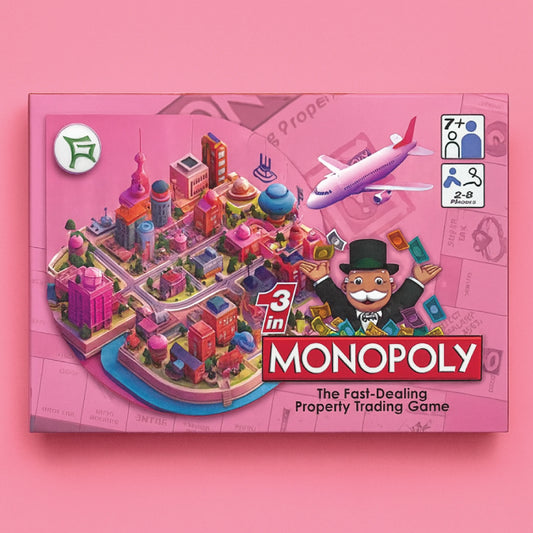 Monopoly game box on a pink background