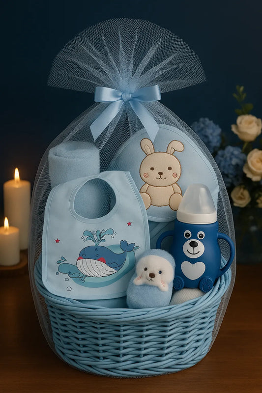Newborn Baby Gift Basket Set – Blue Bunny & Whale Theme (5-Piece Baby Essentials Set)