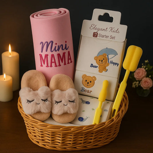 Newborn Baby Girl Gift Basket Set – “Mini Mama” Pink Theme (Elegant Kids 5-Piece Starter Set)