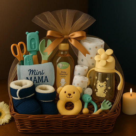 Newborn Baby Boy Gift Basket – “Mini Mama” Yellow & Blue Essentials Set (Premium Newborn Hamper)