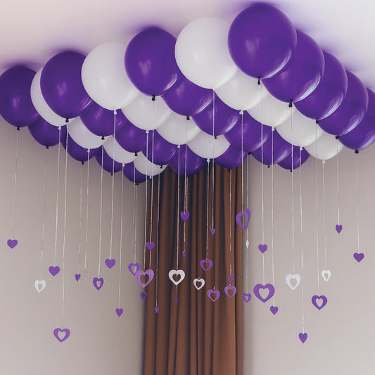 Purple & White Ceiling Balloon Set with Hanging Hearts – Romantic Party Décor