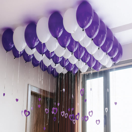 Purple & White Ceiling Balloon Set with Hanging Hearts – Romantic Party Décor