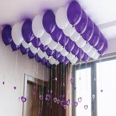 Purple & White Ceiling Balloon Set with Hanging Hearts – Romantic Party Décor