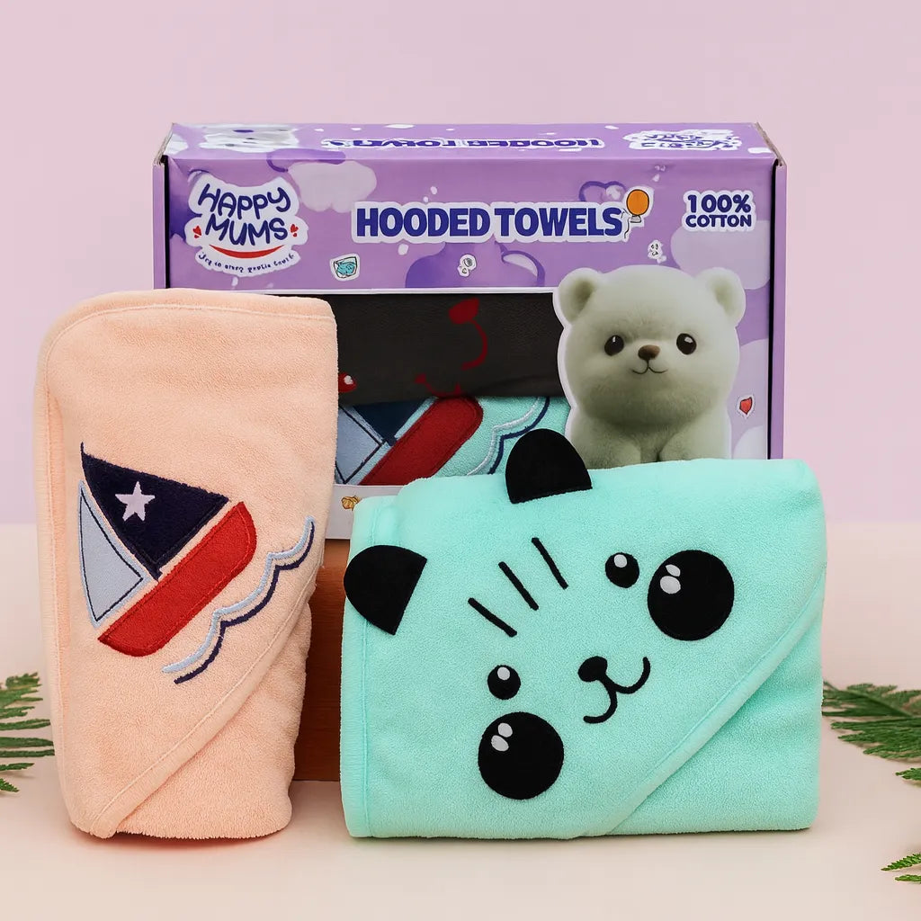 Happy Mums Baby Hooded Towel  – 100% Cotton Soft Bath Wrap | Cute Animal & Sailboat Design| Newborn to 12 months