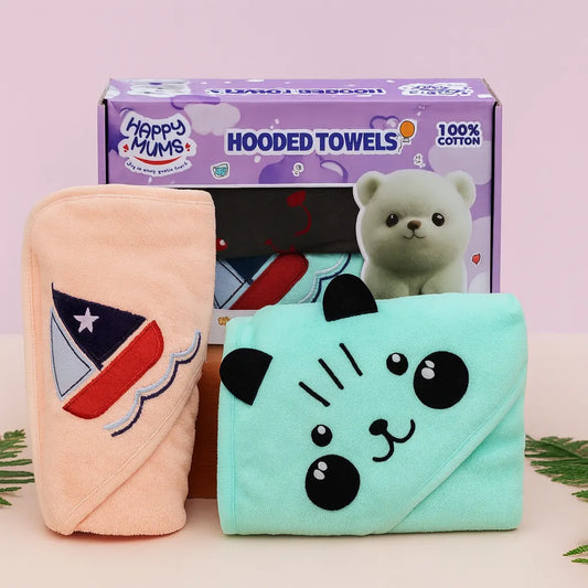Happy Mums Baby Hooded Towel  – 100% Cotton Soft Bath Wrap | Cute Animal & Sailboat Design| Newborn to 12 months