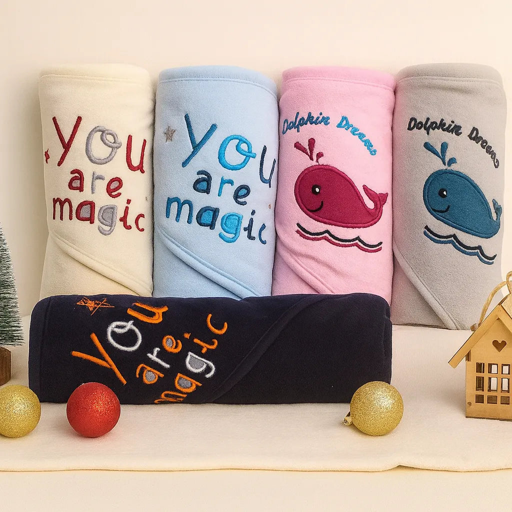 Baby Hooded Towel – Soft Fleece Wrap “You Are Magic / Dolphin Dreams”  Newborn to 12 months