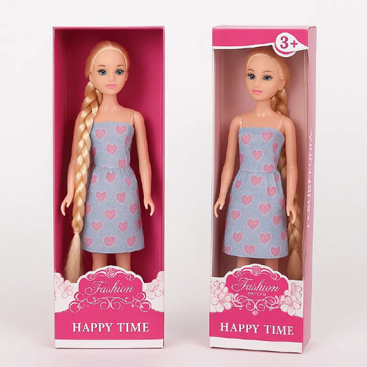 Fashion Doll with Long Braid – Happy Time (30–35 cm) | Star Dress & Heart Dress