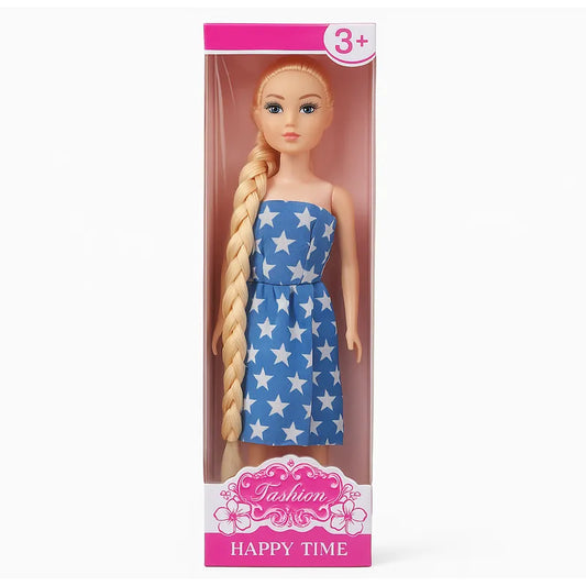Fashion Doll with Long Braid – Happy Time (30–35 cm) | Star Dress & Heart Dress