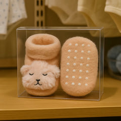 Cozy Sleeping Bear Baby Booties  Anti-Slip Warm Winter Slippers (Peach)