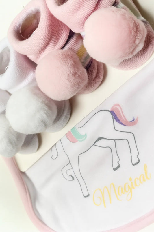 Magical Unicorn Baby Gift Set  4-Piece Soft Bibs & Booties Set