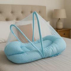 Baby Nest Bed with Mosquito Net Soft Cotton Portable Lounger (Sky Blue)