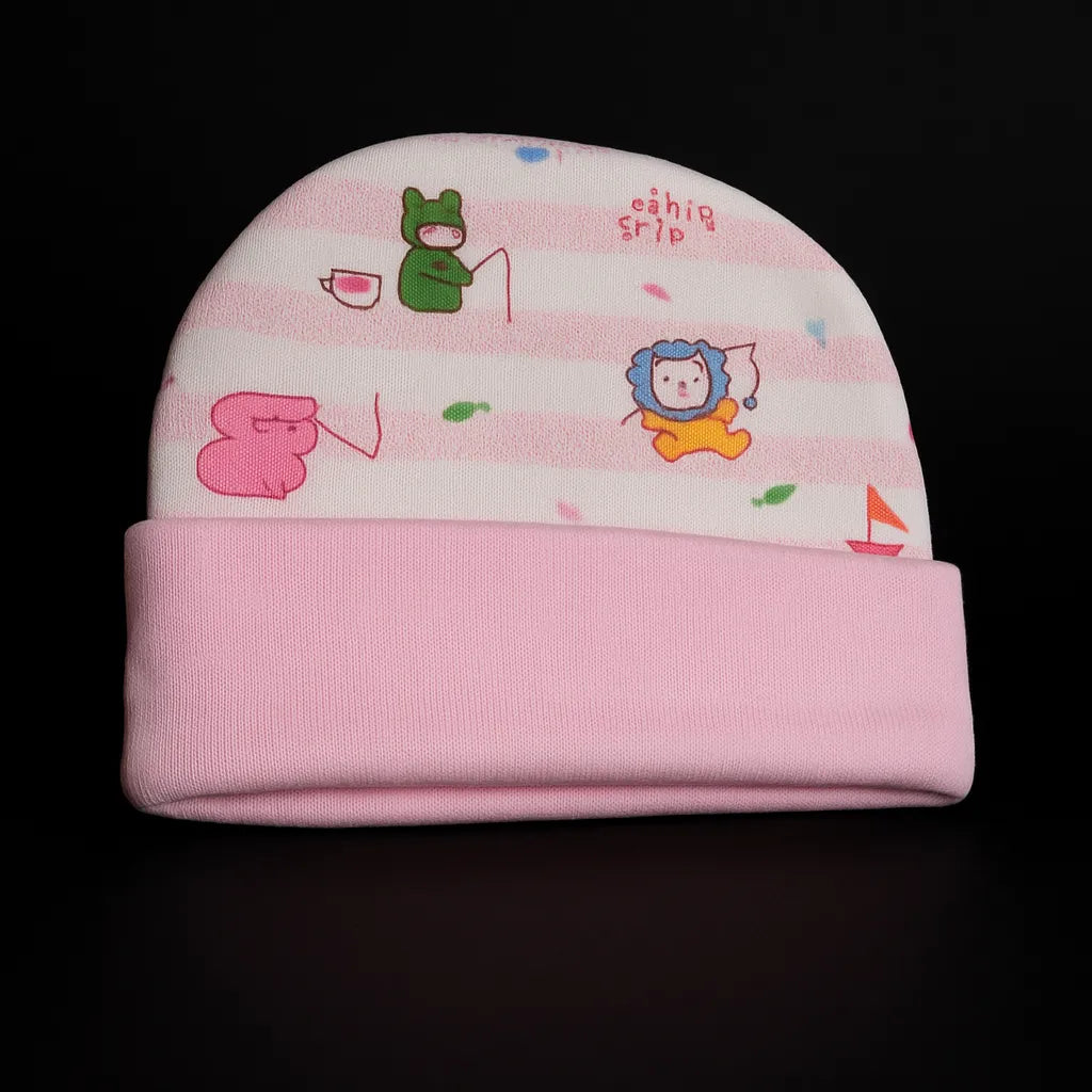 Baby Cotton Cap  – Fishing Trip Print | Soft Newborn Hat (Pink, Green & Blue)