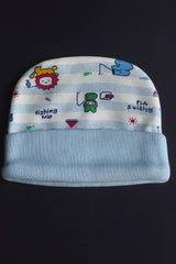 Baby Cotton Cap  – Fishing Trip Print | Soft Newborn Hat (Pink, Green & Blue)