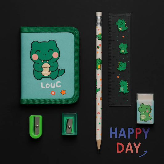 Cute Green Dinosaur Stationery Set – 6-in-1 “Happy Day” School Kit for Kids
