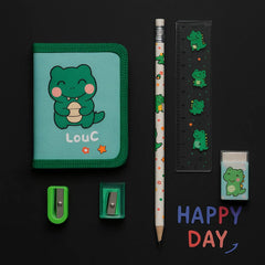 Cute Green Dinosaur Stationery Set – 6-in-1 “Happy Day” School Kit for Kids