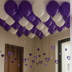 Purple & White Ceiling Balloon Set with Hanging Hearts – Romantic Party Décor