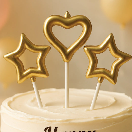 Golden Heart & Star Cake Toppers – Elegant Metallic Birthday Decoration