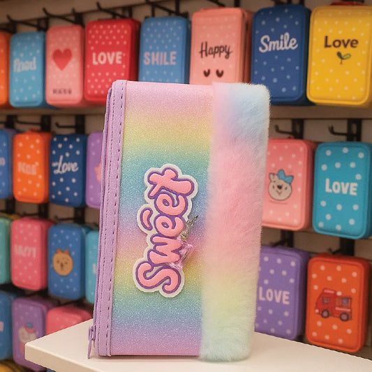 Sweet Furry Rainbow Geometry Box – Cute Plush Cover Geometry with Zipper (For Kids & Teens)