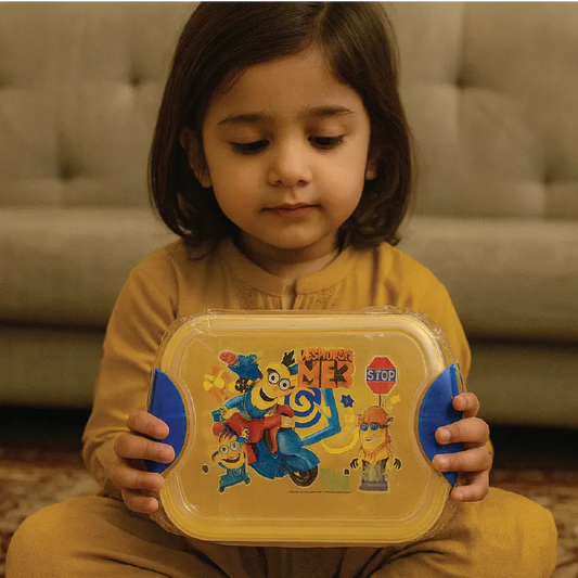 Minions Lunch Box – Cute & Durable Kids Food Storage Box (Yellow with Blue Locks)