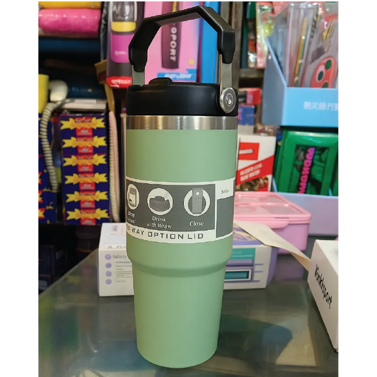 3-Way Option Stainless Steel Thermal Travel Mug with Handle – 26cm Leak-Proof Coffee Flask (Green)