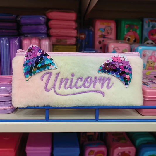Unicorn Pencil Case – Plush Sequin Zipper Pouch for Kids & School