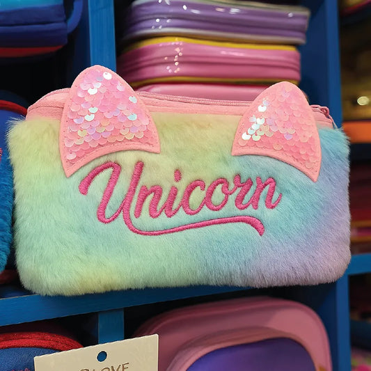 Unicorn Furry Pencil Pouch – Cute Plush Stationery Case with Glitter Ears for Kids