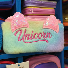 Unicorn Furry Pencil Pouch – Cute Plush Stationery Case with Glitter Ears for Kids