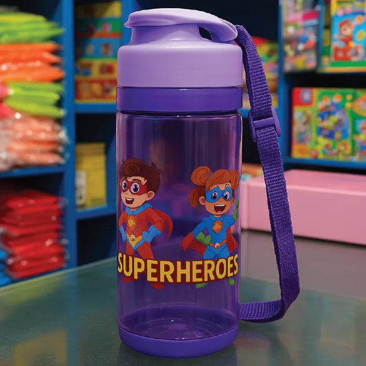 Superheroes Kids Water Bottle – BPA-Free, Leak-Proof with Strap (Purple, 500ml)