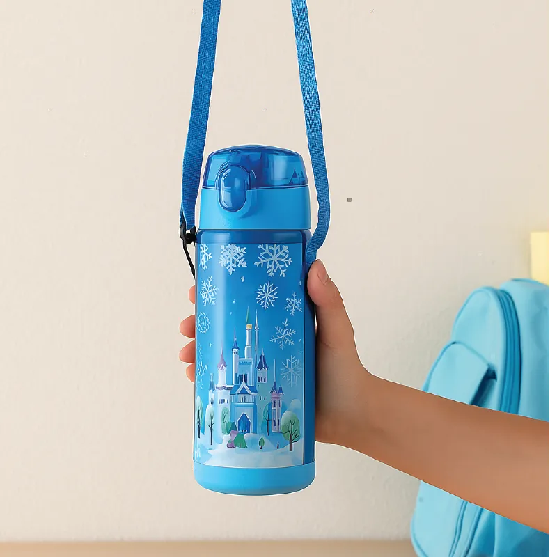 Frozen Castle Kids Water Bottle – BPA-Free, Leak-Proof with Strap (Blue, 500ml)