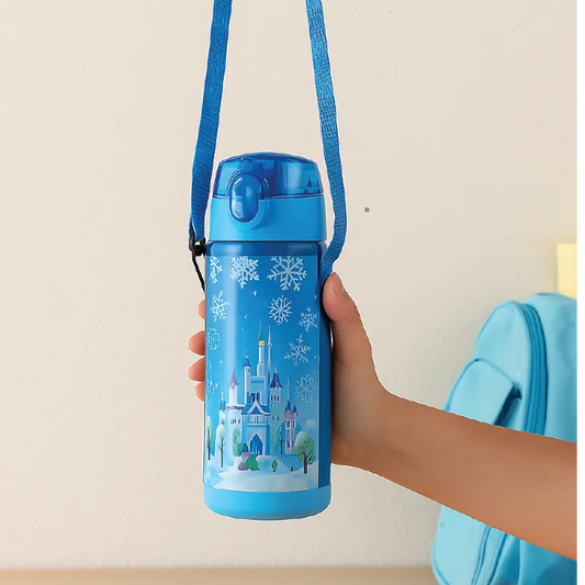 Frozen Castle Kids Water Bottle – BPA-Free, Leak-Proof with Strap (Blue, 500ml)
