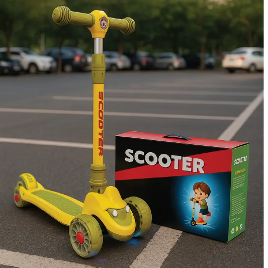 Yellow LED Car Face Kids Scooter  3-Wheel Adjustable Ride