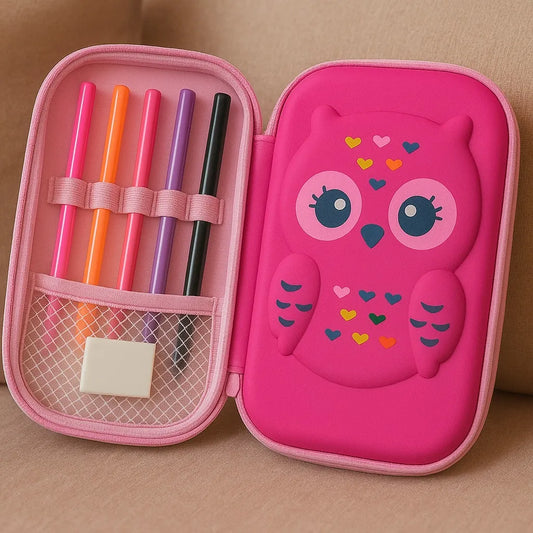 Owl Design Pencil Case  Cute Pink Zipper Pouch for Kids