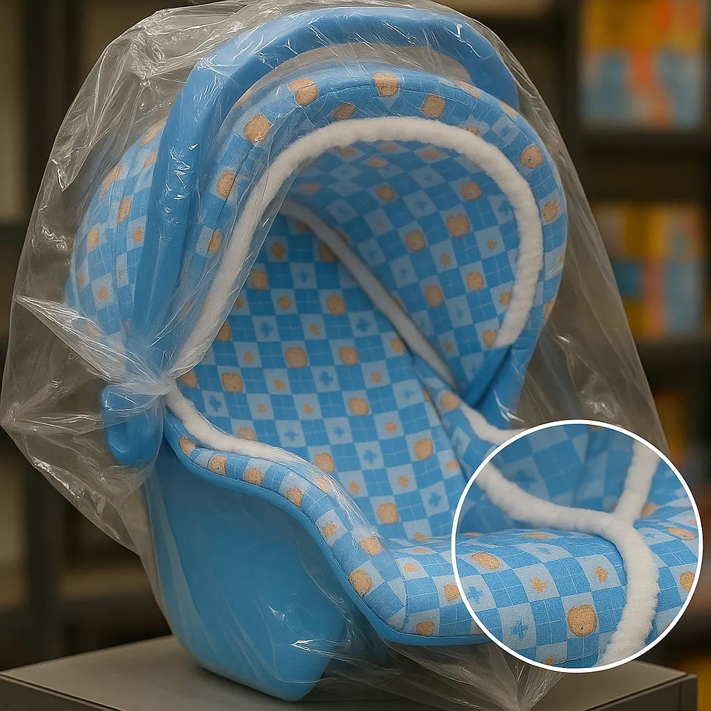 Blue baby car seat with checkered pattern and white trim, wrapped in clear plastic.