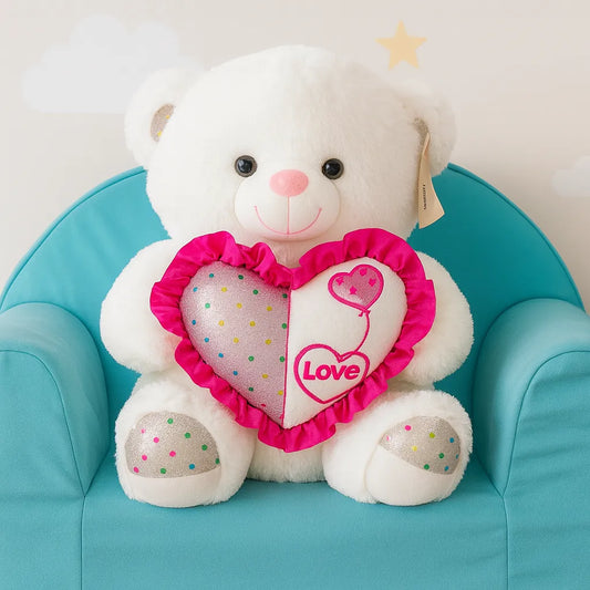 Soft Pink Teddy Bear with Heart Cushion (40–60 cm) – Perfect Love Gift