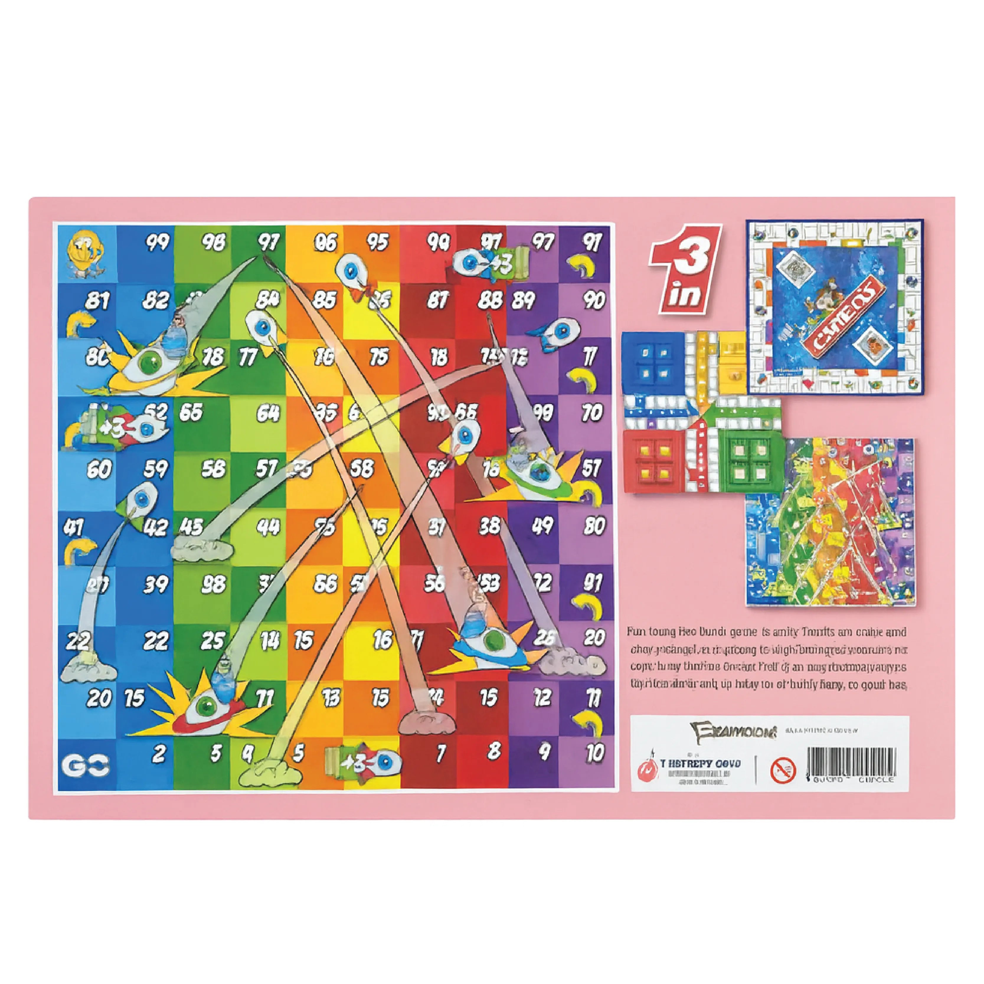 Colorful board game packaging with various game components on a white background