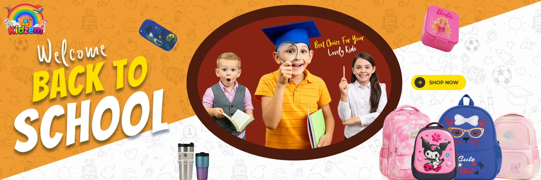 Promotional banner for 'Welcome Back to School' with children and school supplies on an orange background.