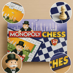 Monopoly Chess game box with pieces and board layout on a beige background