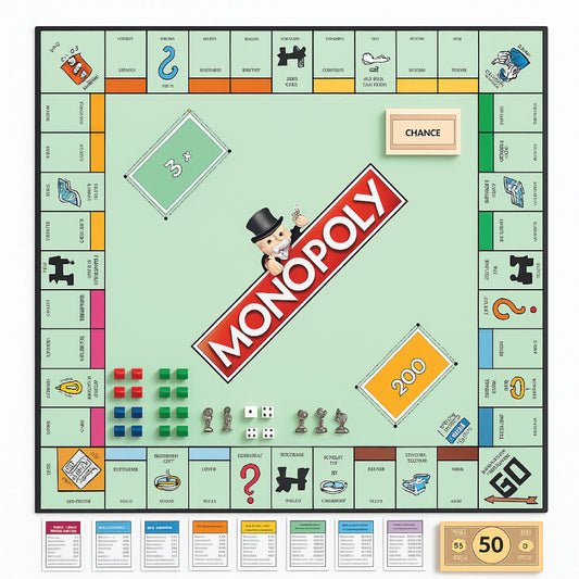 Monopoly board game with colorful properties and central Monopoly logo.