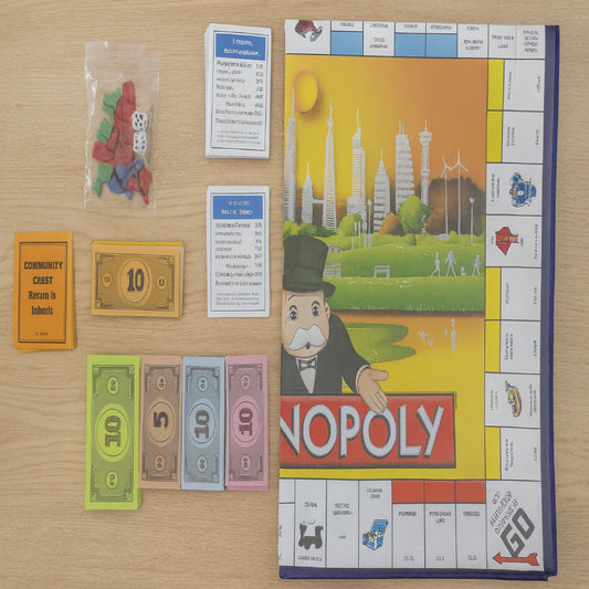Monopoly game components including a board, cards, and money on a wooden surface