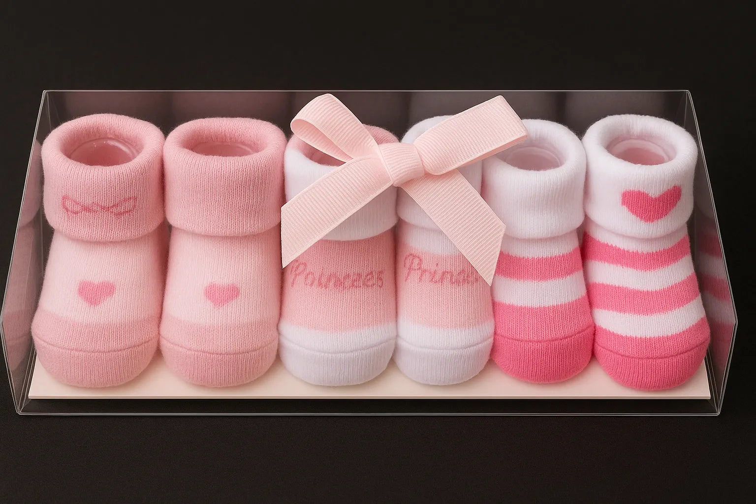 Set of pink and white baby socks with 'Princess' text in a clear box on a black background