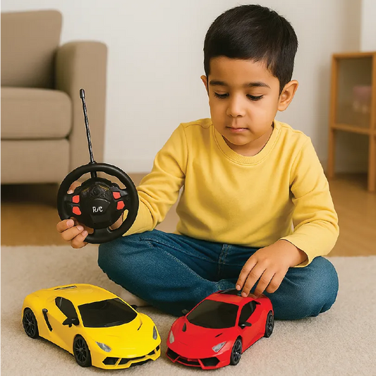 Remote Control Sports Car Set – Dual Racing Cars with Steering Wheel Remote (Yellow & Red)