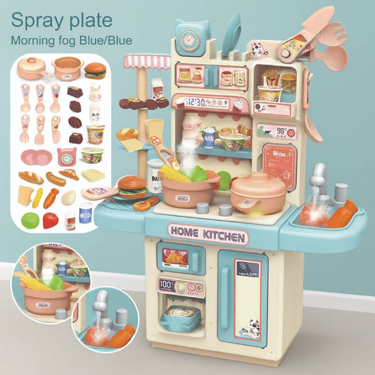 Toy kitchen set with various accessories on a light blue background