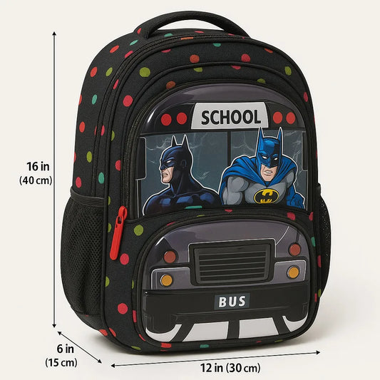 Batman Cartoon School Backpack – Large 16 Inch Kids School Bag with Bus Design