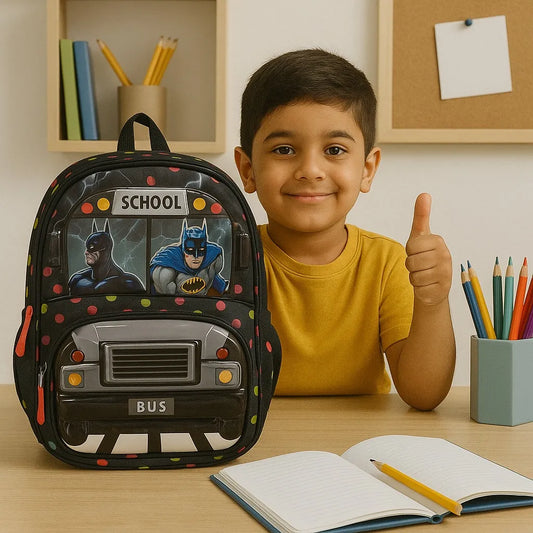 Batman Cartoon School Backpack – Large 16 Inch Kids School Bag with Bus Design